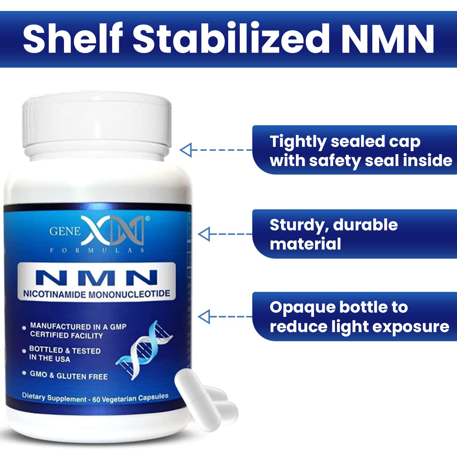 Genex Formulas shelf stabilized NMN 250 milligrams vegetarian capsules packaging breakdown