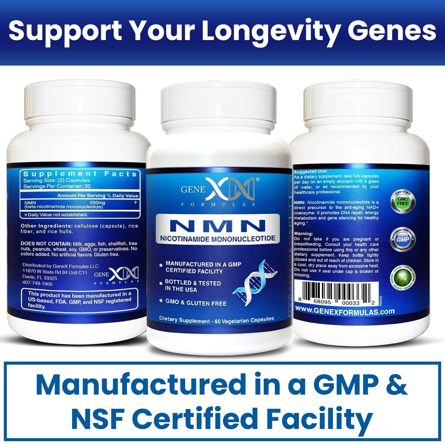 Genex Formulas DNA repair and healthy aging NMN capsules displayed on flat surface