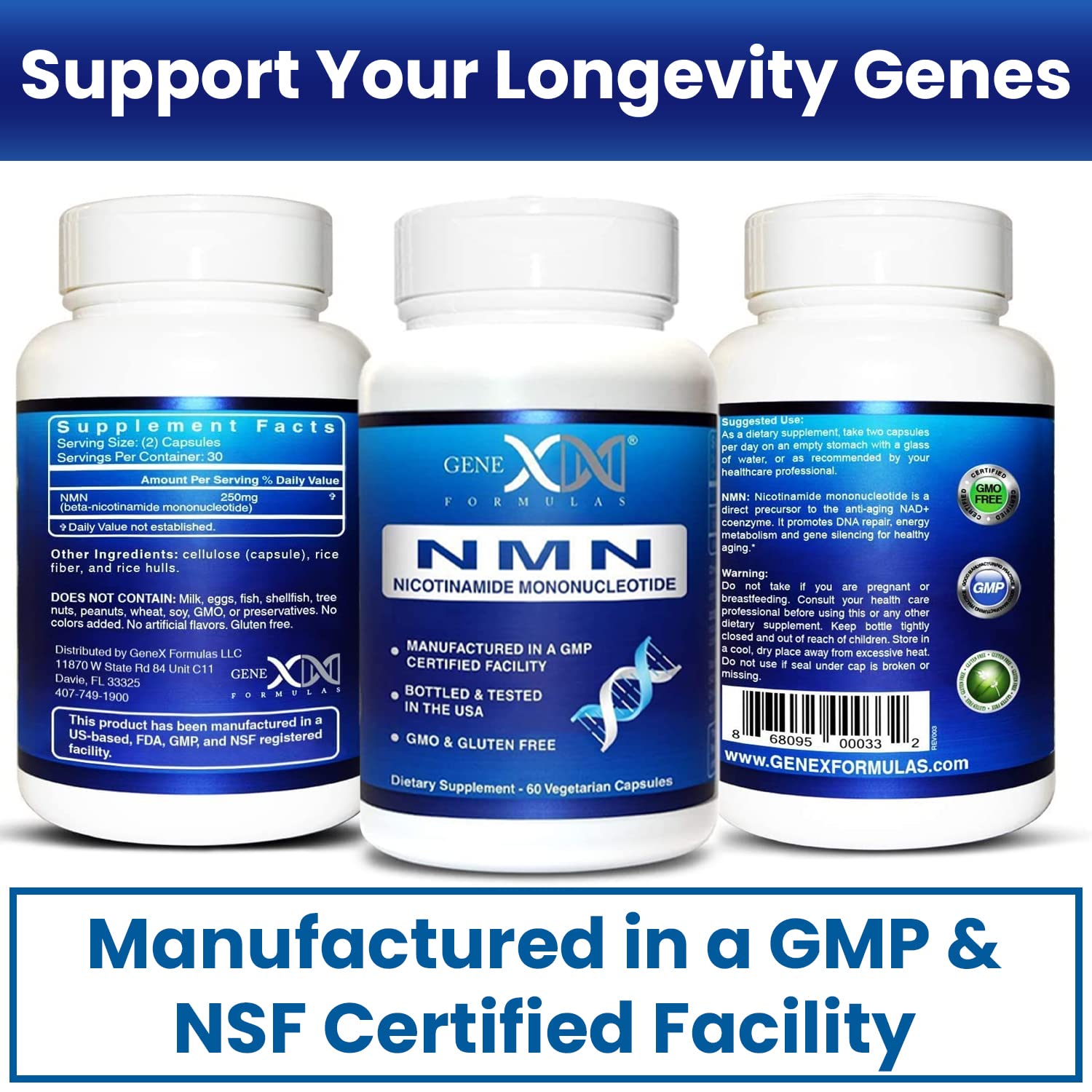 Genex Formulas DNA repair and healthy aging NMN capsules displayed on flat surface