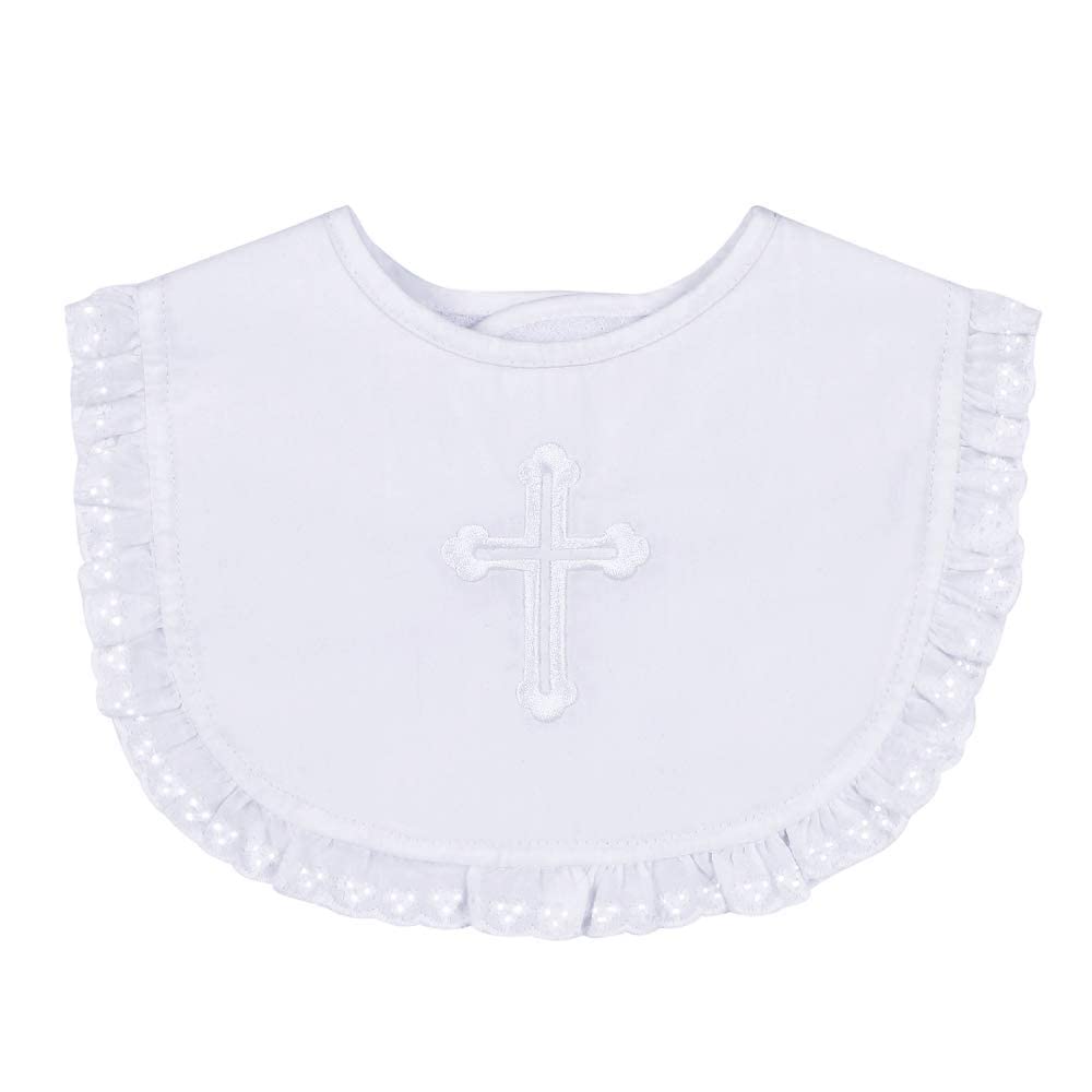 Close up of Estamico infant christening bib with lace trim