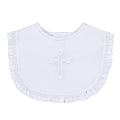 Close up of Estamico infant christening bib with lace trim
