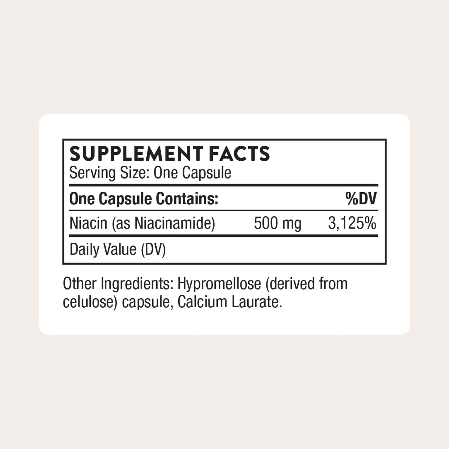 Thorne Niacinamide 500 mg supplement facts and ingredients label