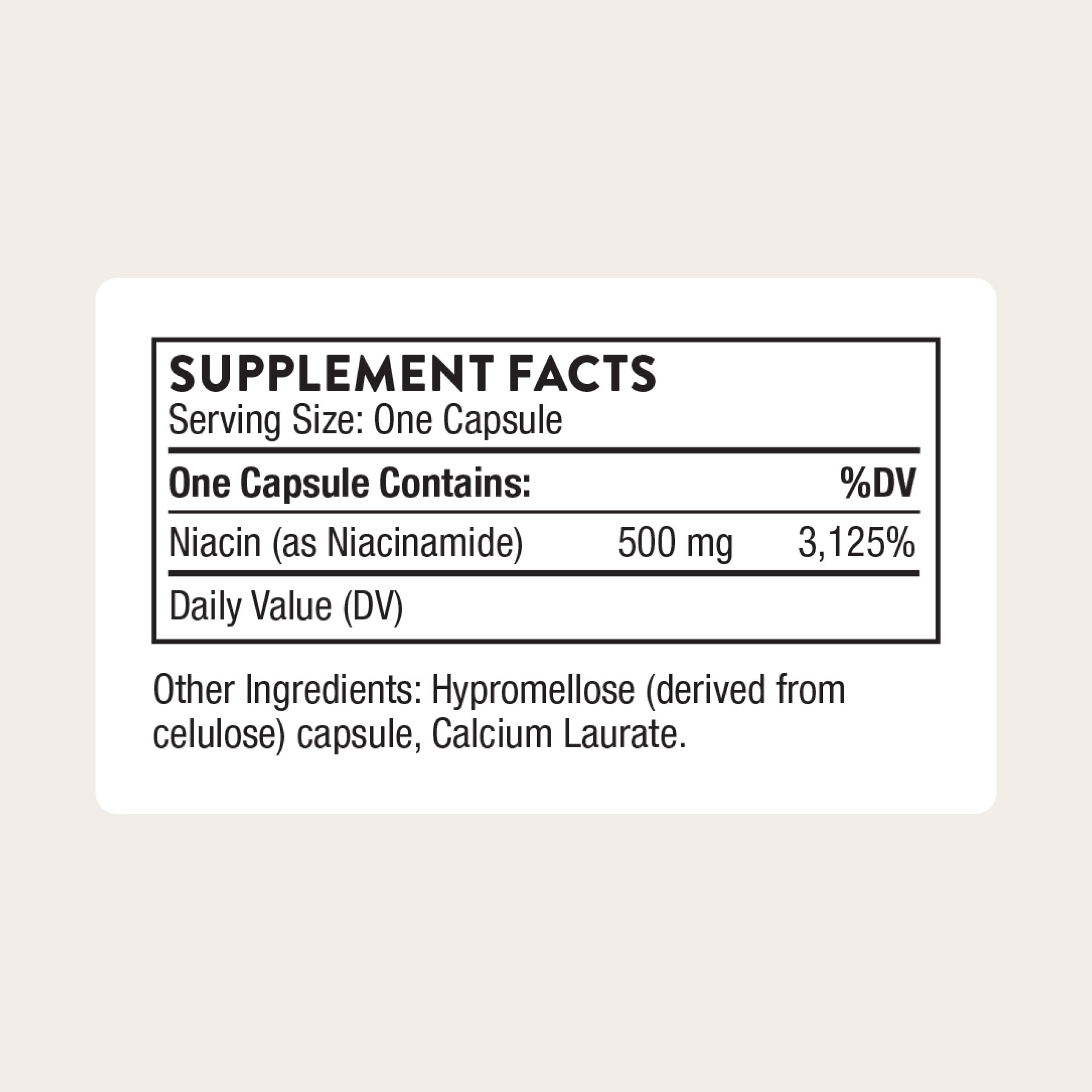 Thorne Niacinamide 500 mg supplement facts and ingredients label
