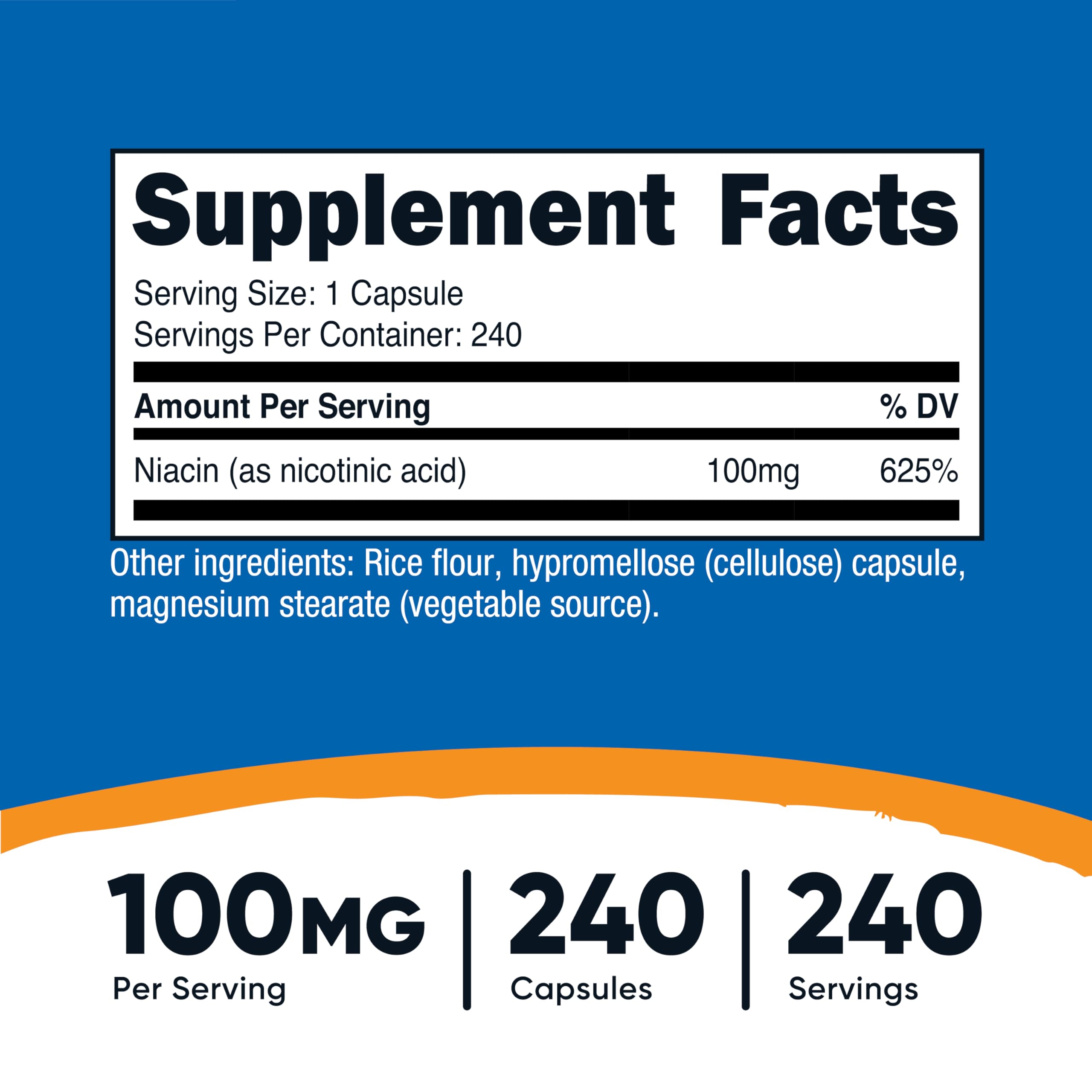 Nutricost Niacin Vitamin B3 supplement bottle side panel displaying the detailed product ingredients and serving sizes