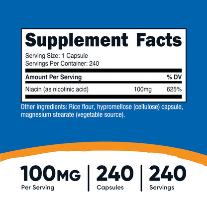 Nutricost Niacin Vitamin B3 supplement bottle side panel displaying the detailed product ingredients and serving sizes