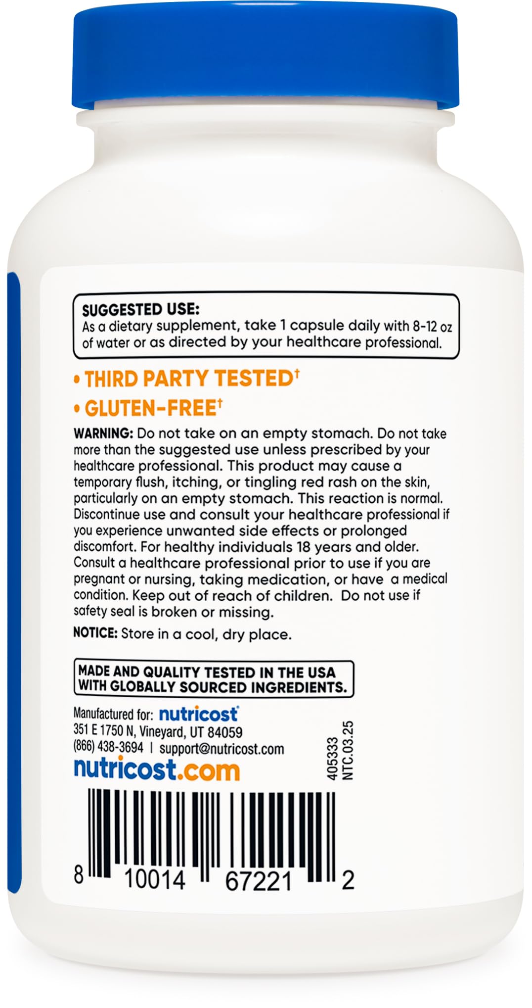 Nutricost Vitamin B3 240 capsules label highlighting the non-GMO and gluten-free quality assurance certifications