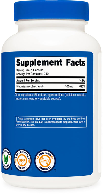 Nutricost Niacin 100mg cardiovascular and energy metabolism support supplement container showcasing the capsule quantity count