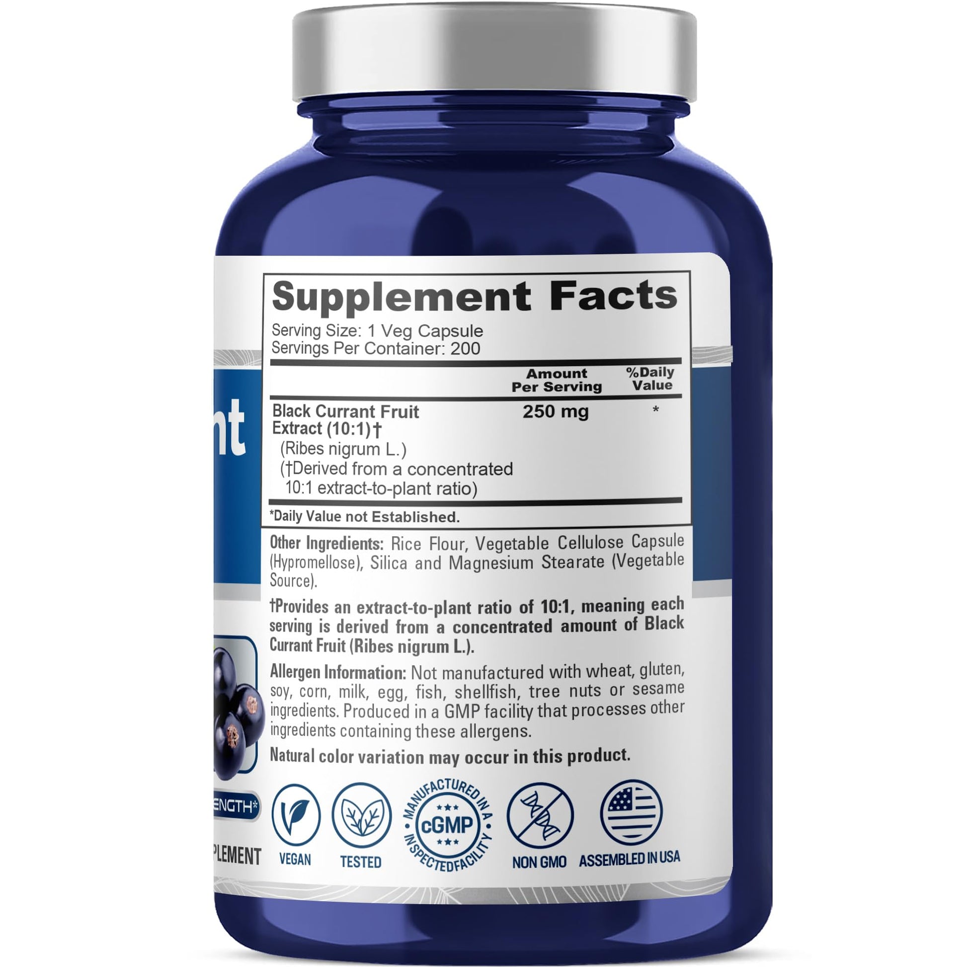 NusaPure Black Currant 200 vegan capsules nutrition label