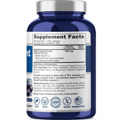 NusaPure Black Currant 200 vegan capsules nutrition label