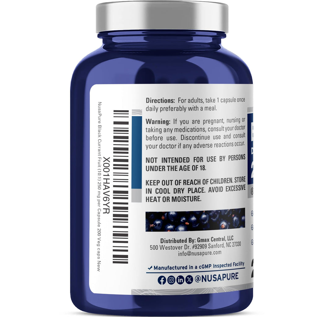 NusaPure vegan black currant capsules bottle showing serving size and count