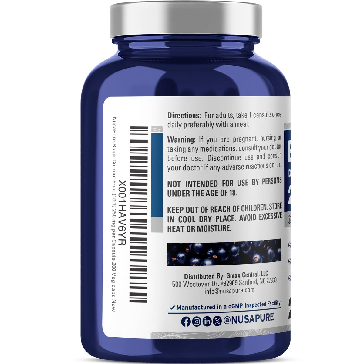 NusaPure vegan black currant capsules bottle showing serving size and count