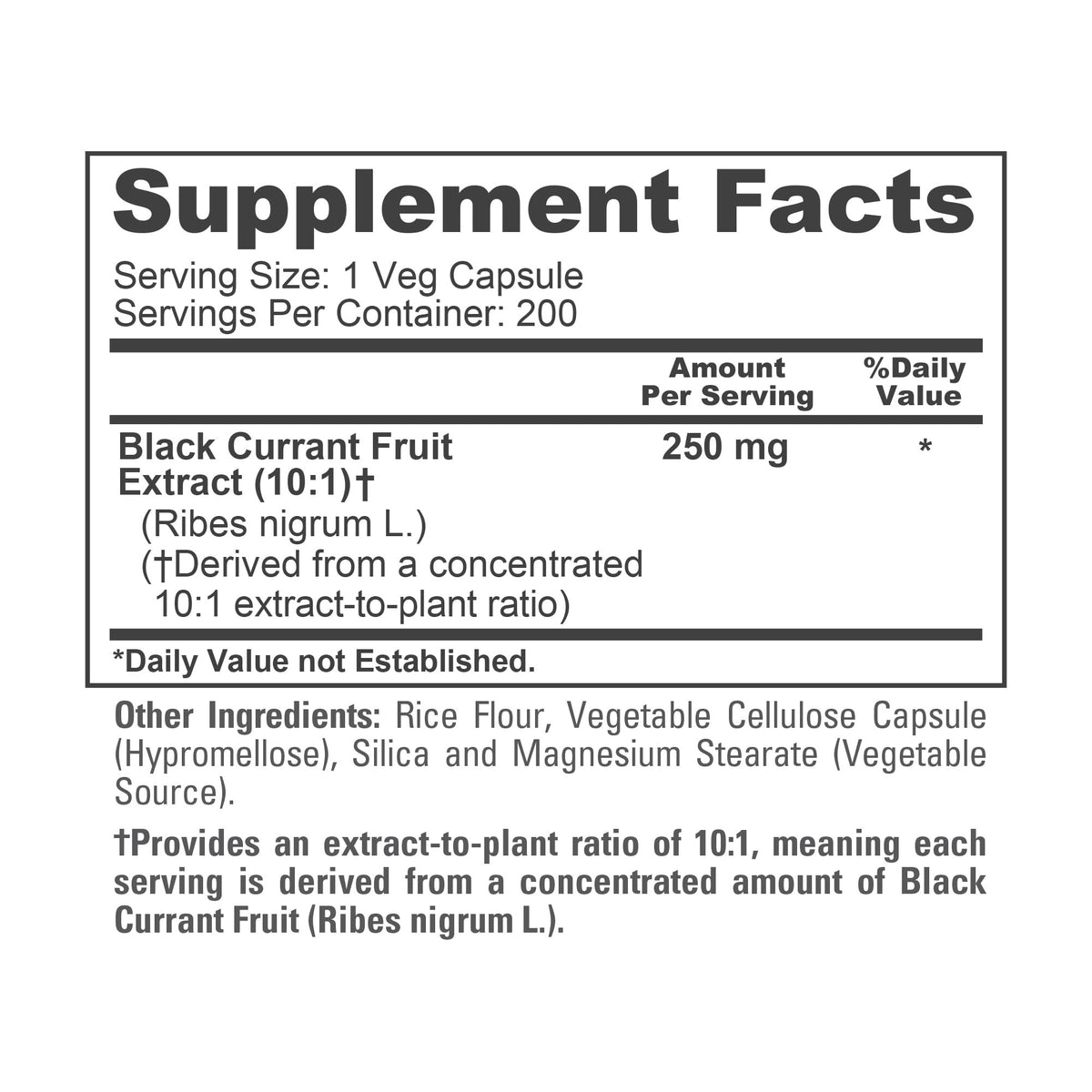 Close up of NusaPure non-GMO gluten-free black currant bottle packaging