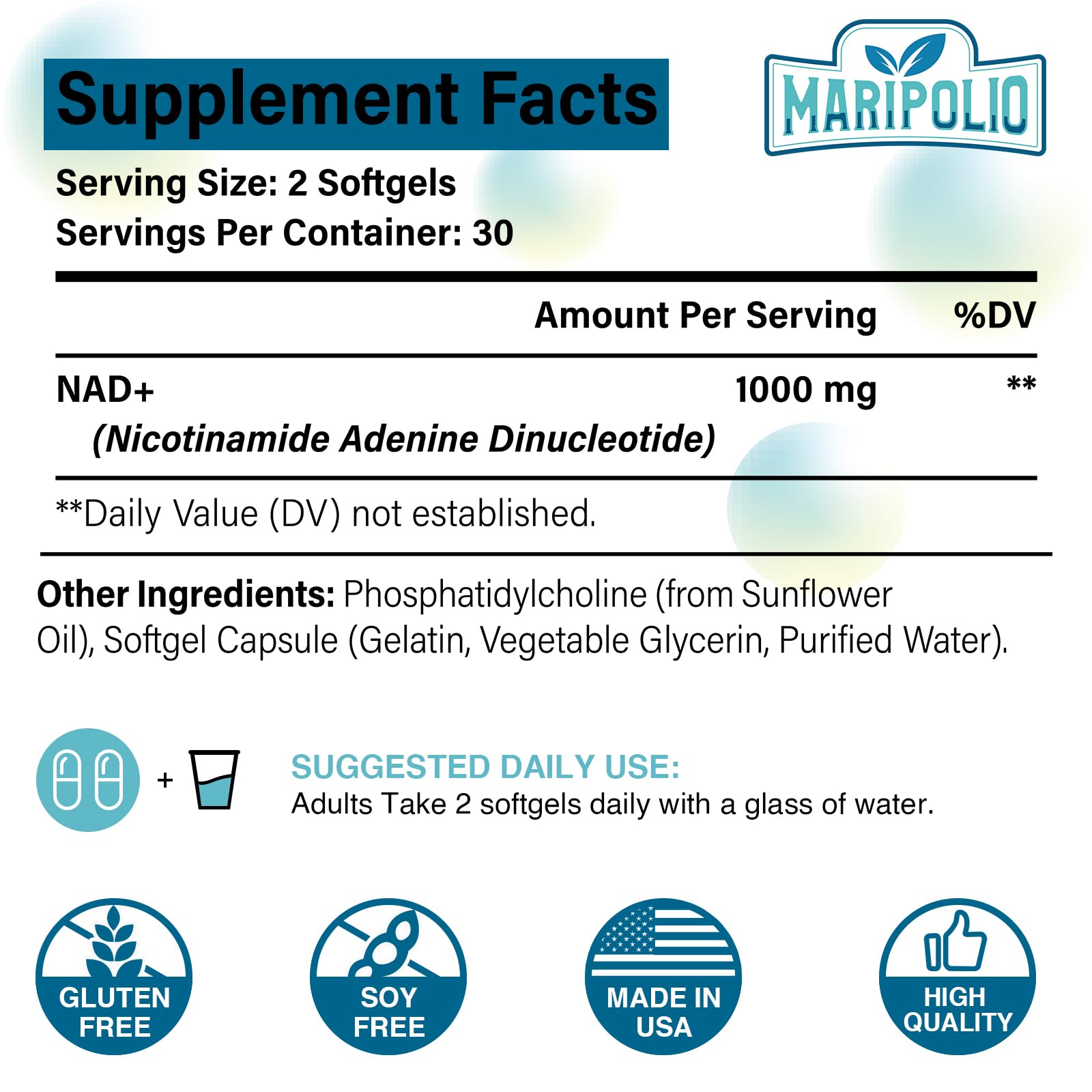 Maripolio 60 softgels supplement packaging showing liposomal technology features.