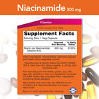 NOW Foods Vitamin B3 flush free dietary supplement bottle showing ingredient facts panel