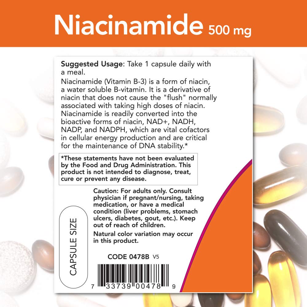 NOW Foods Niacinamide 500 Milligrams vegan capsules premium imported skincare supplement label details