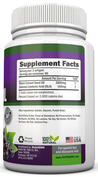 NutriONN Black Currant Oil bottle with clear supplement information