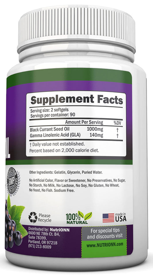 NutriONN Black Currant Oil bottle with clear supplement information