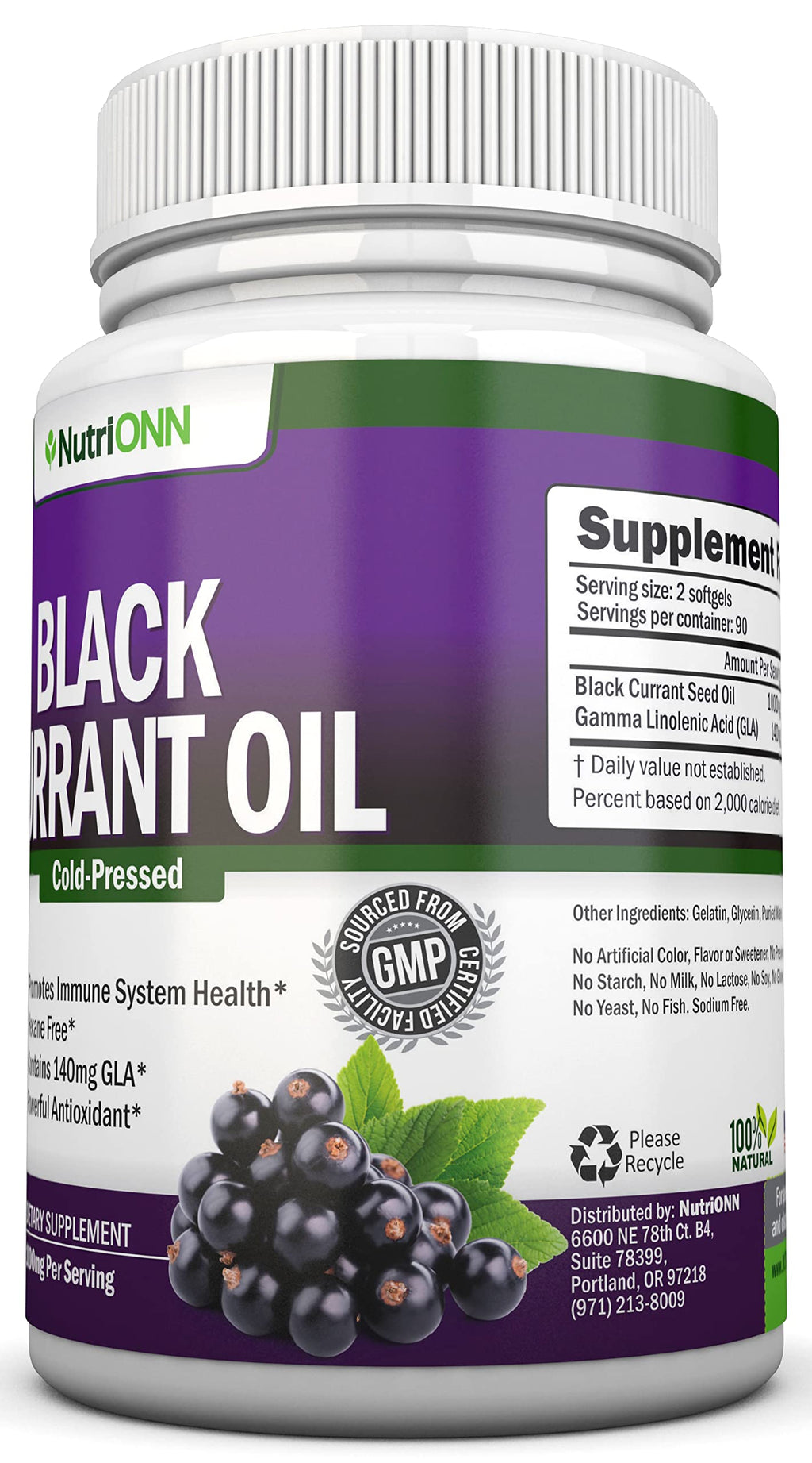 NutriONN Black Currant Oil bottle side profile with dosage info