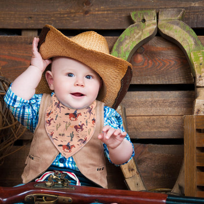 Four piece set of VitalCozy cowboy themed drool bibs for newborns