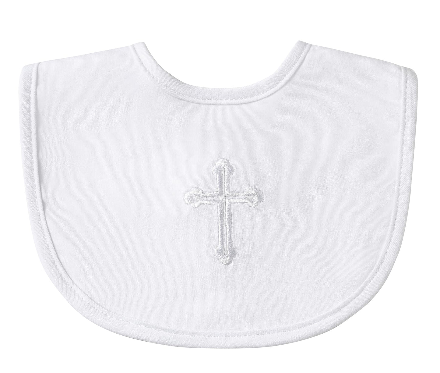 Close up of Kesici soft cotton christening bib showing embroidered cross detail
