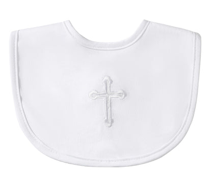 Close up of Kesici soft cotton christening bib showing embroidered cross detail