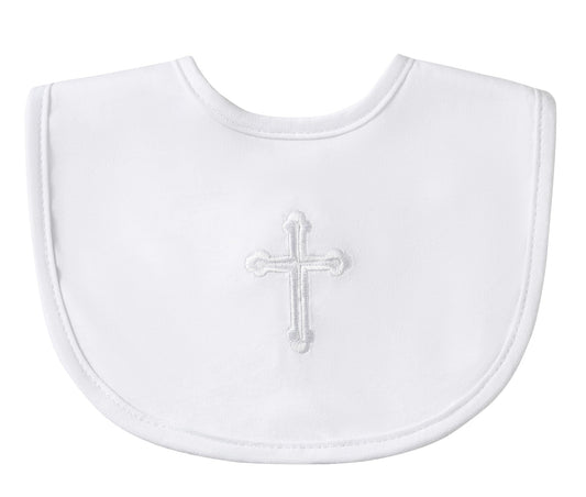 Close up of Kesici soft cotton christening bib showing embroidered cross detail