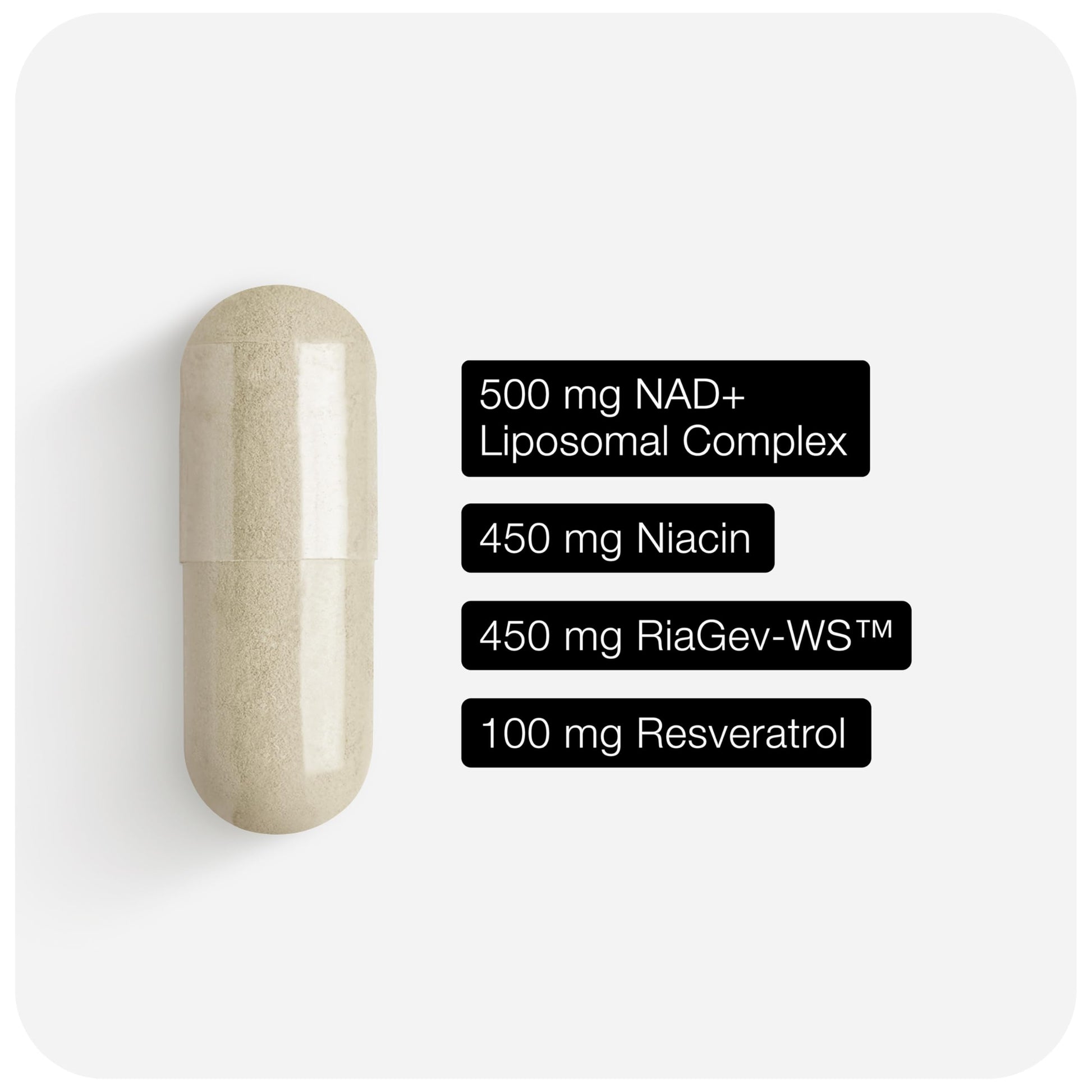 Side view of Toniiq NAD+ bottle showing serving size and count
