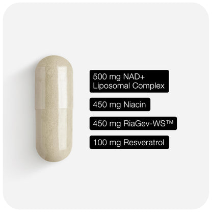 Side view of Toniiq NAD+ bottle showing serving size and count