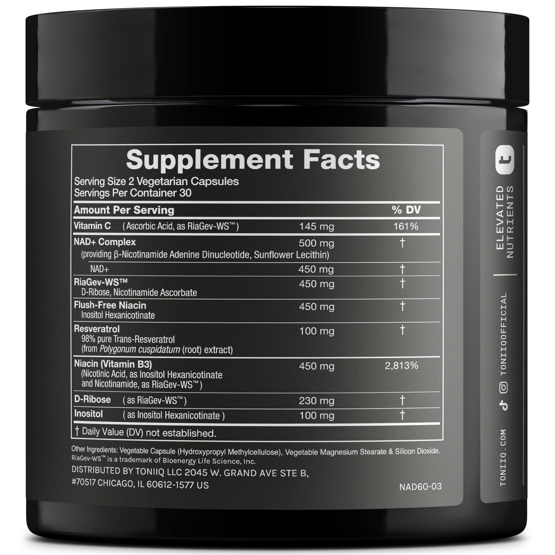 Toniiq NAD+ and Resveratrol supplement bottle next to capsules