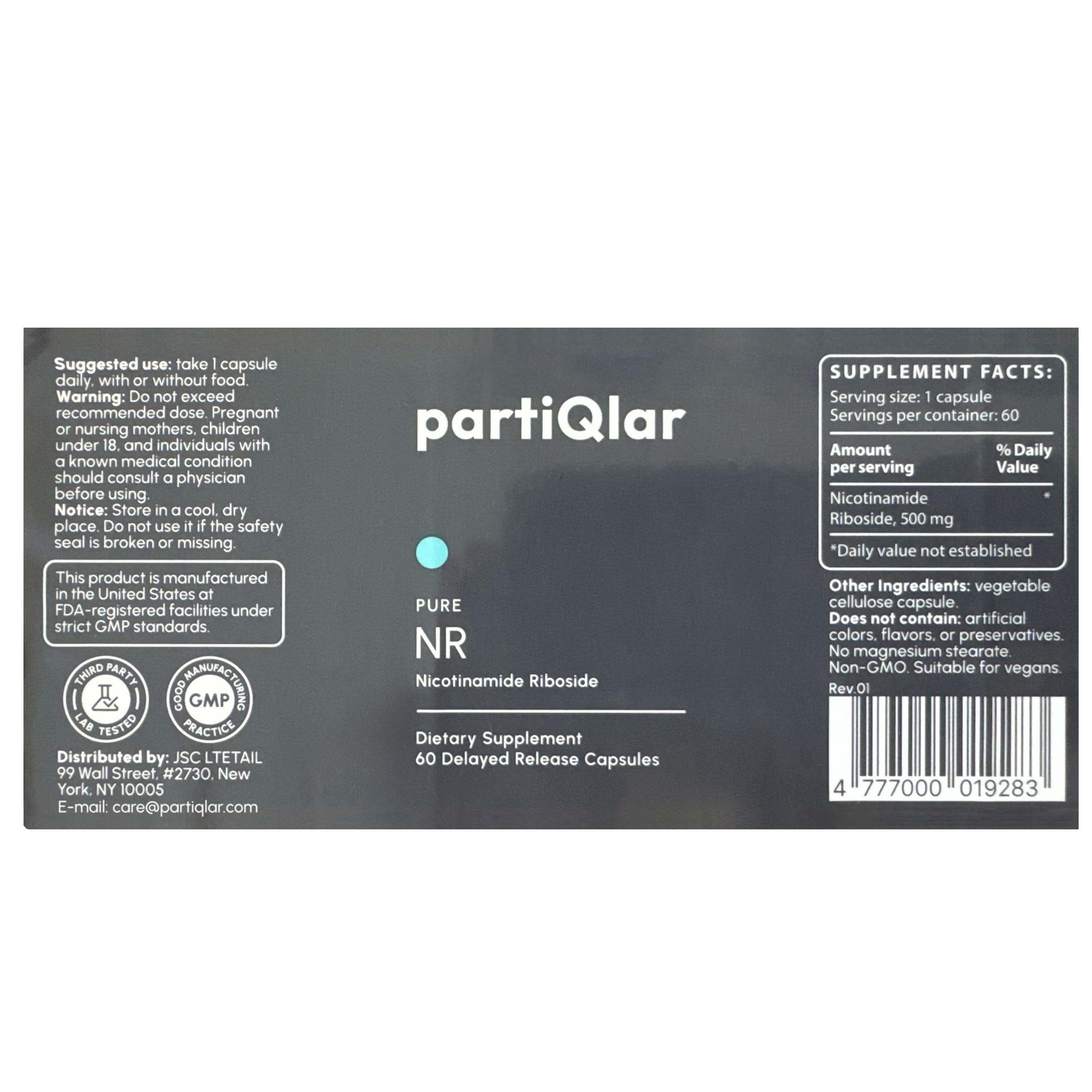 Partiqlar NR supplement bottle label showing 60 capsules