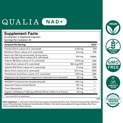 Qualia NAD supplement bottle showing anti aging clinical trial results label