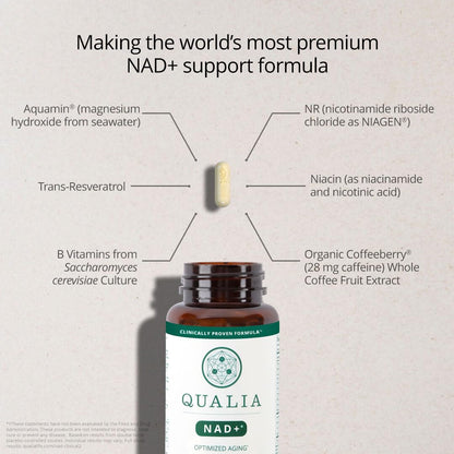 Premium quality control seal on imported Qualia NAD energy supplement bottle