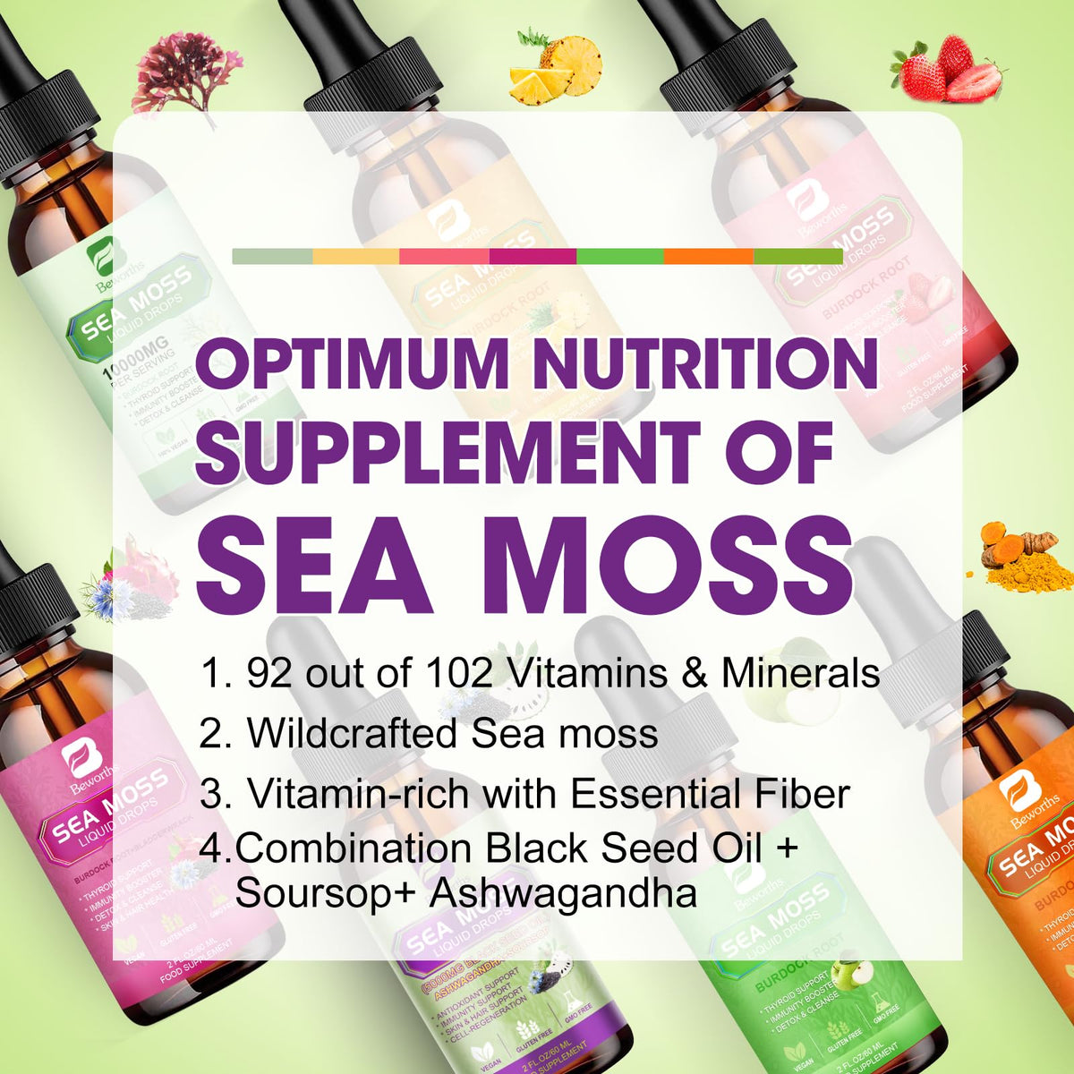 B Beworths wellness herbal blend bottle next to raw ingredients