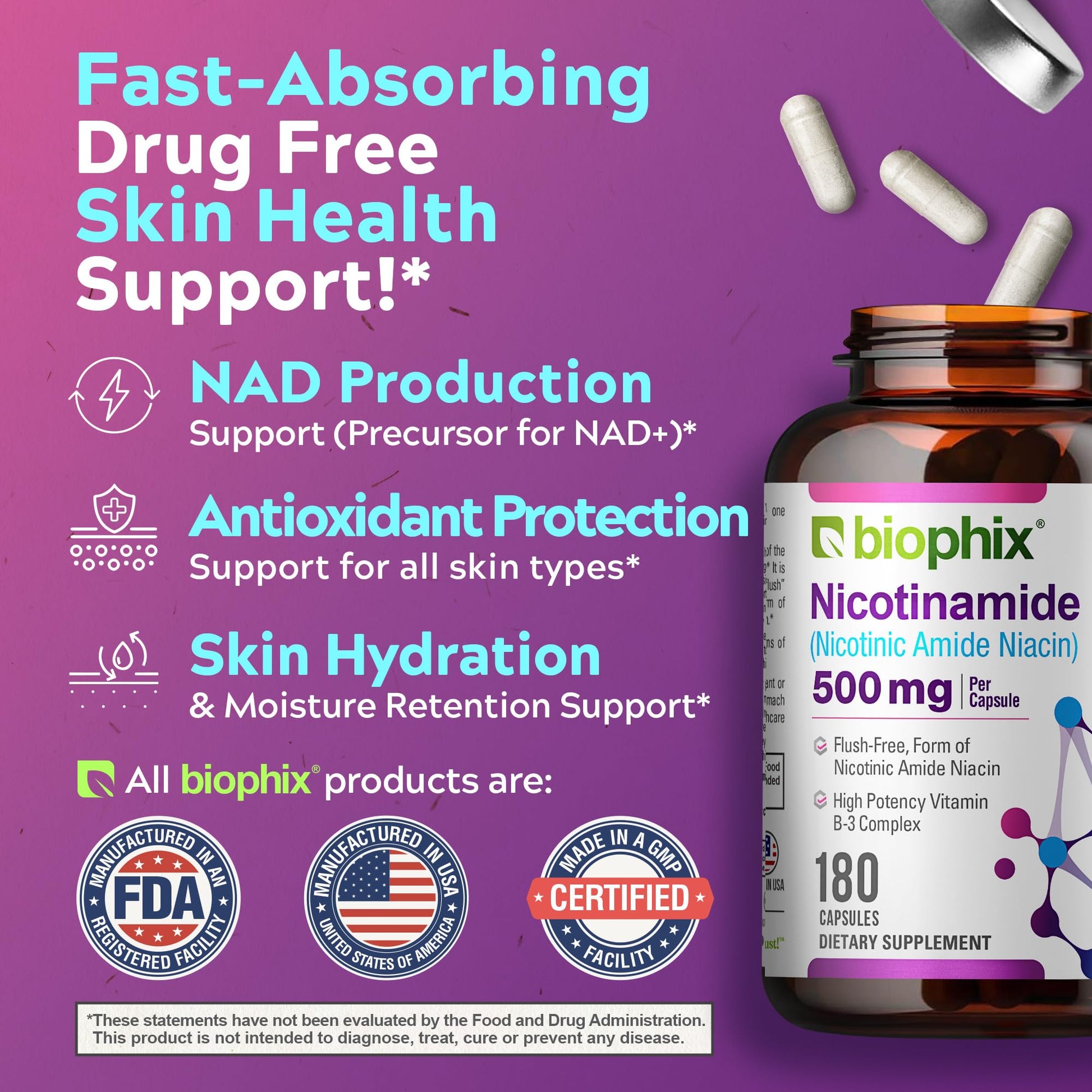 Close up of the flush free niacin formula text on the Biophix 180 capsules packaging.