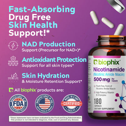 Close up of the flush free niacin formula text on the Biophix 180 capsules packaging.