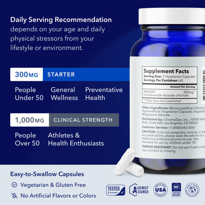 Tru Niagen 300mg sixty vegetarian capsules supplement facts label