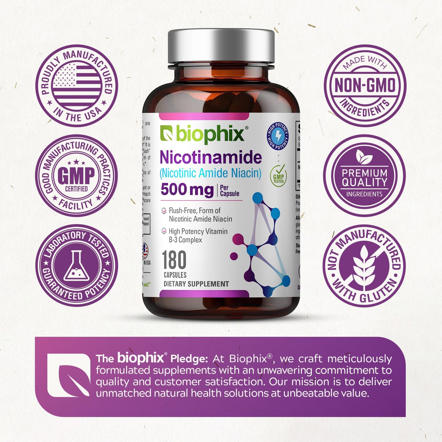 Nutritional facts panel of Vitamin B3 Nicotinamide 500mg capsule showing zero soy or dairy allergens.