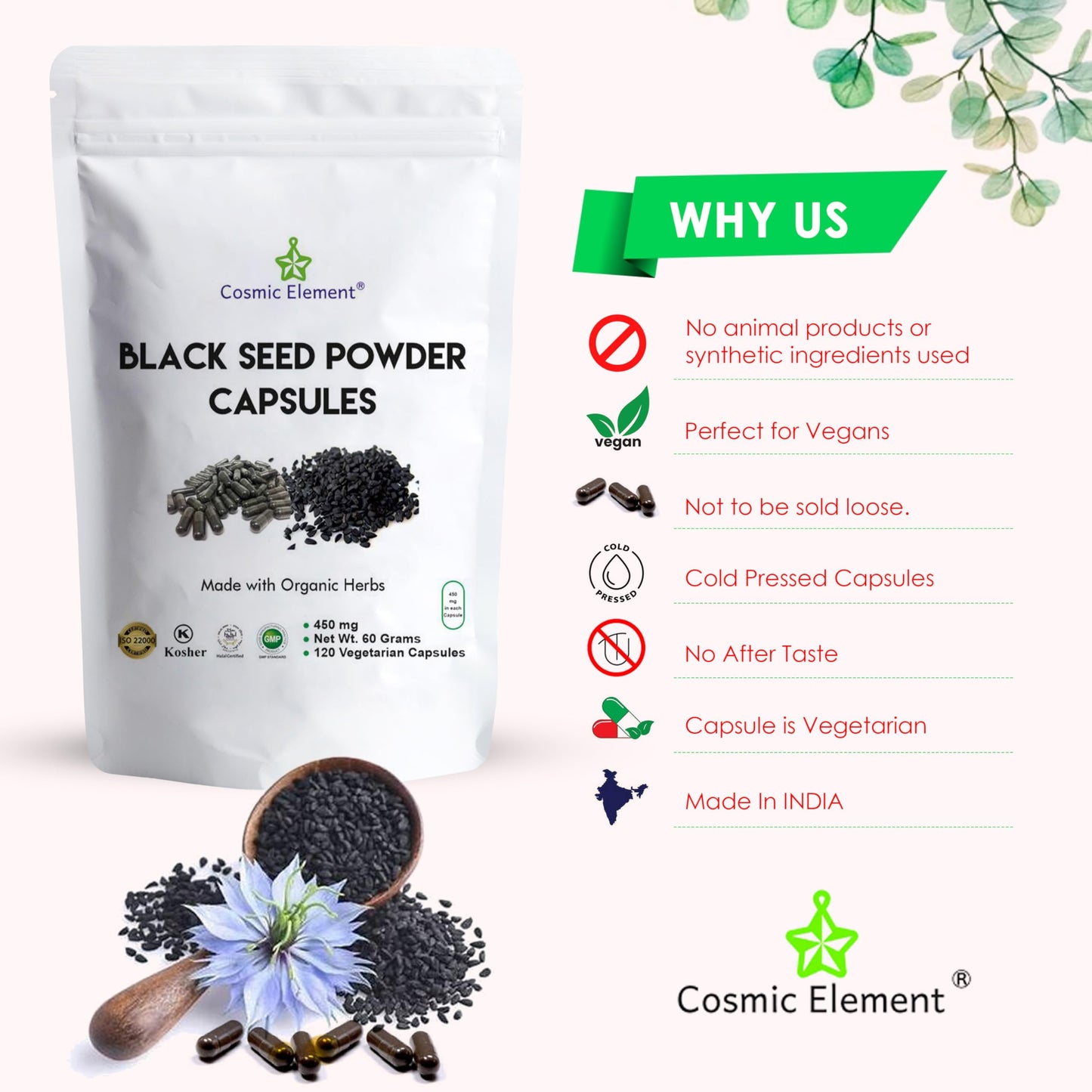 Cosmic Element premium USA imported organic black seed capsules nutritional information