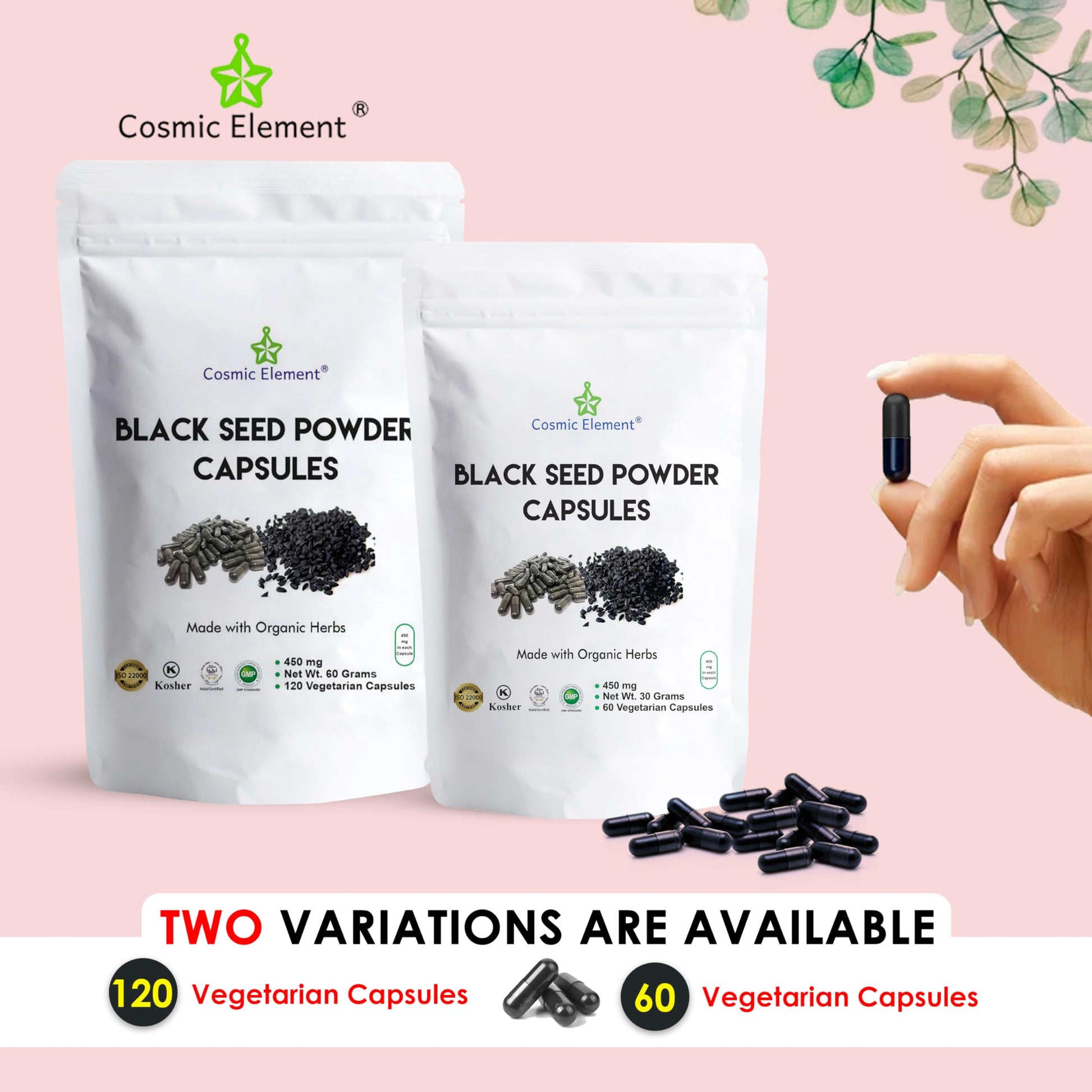Cosmic Element authentic vegan black cumin seed powder capsules container side view