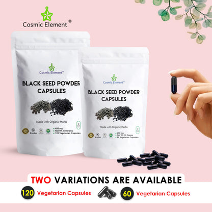 Cosmic Element authentic vegan black cumin seed powder capsules container side view