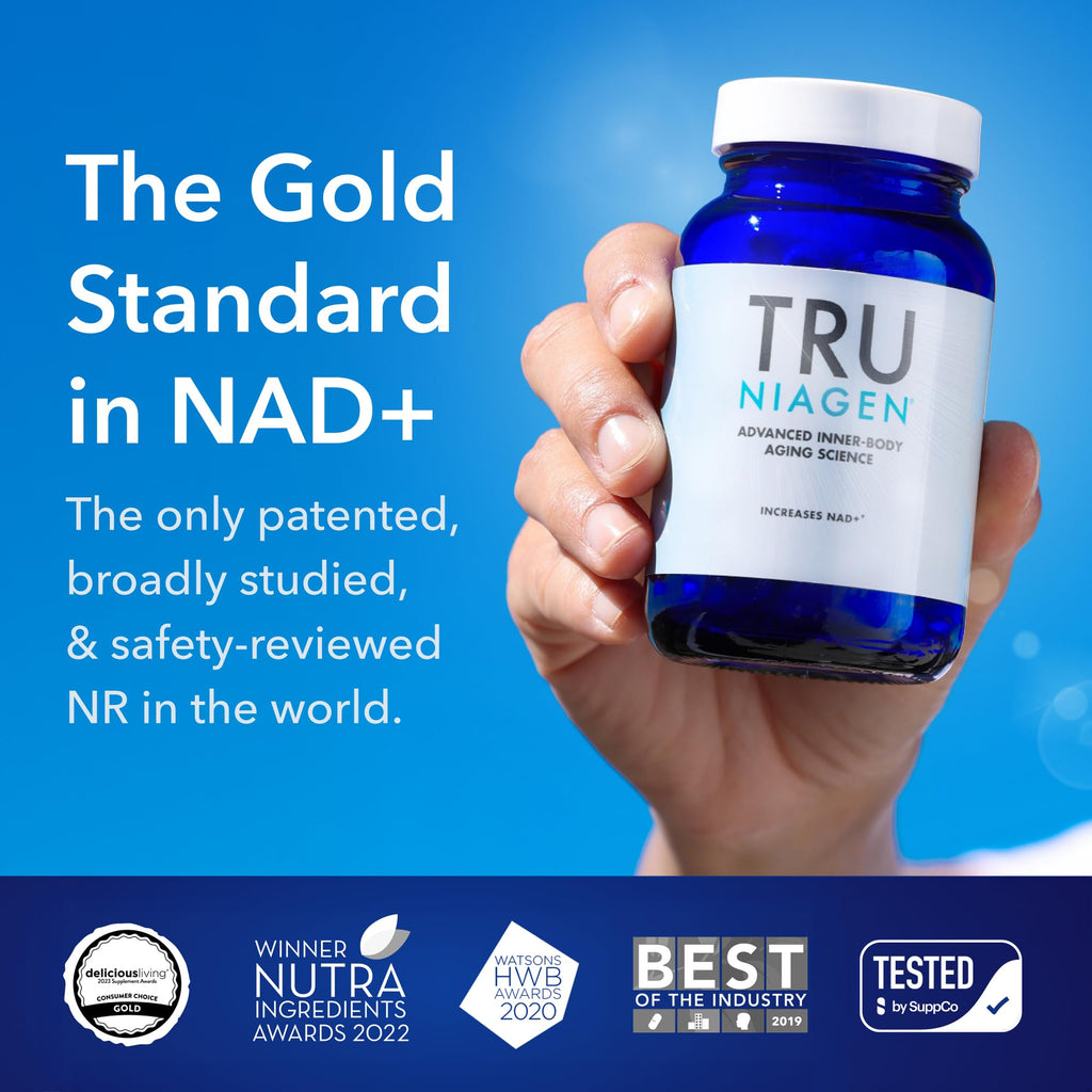 Tru Niagen safety verified gluten free vegetarian supplement bottle angle