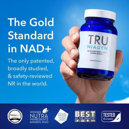 Tru Niagen safety verified gluten free vegetarian supplement bottle angle