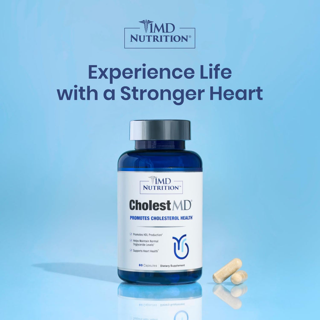 Close up of 1MD Nutrition CholestMD branded supplement bottle