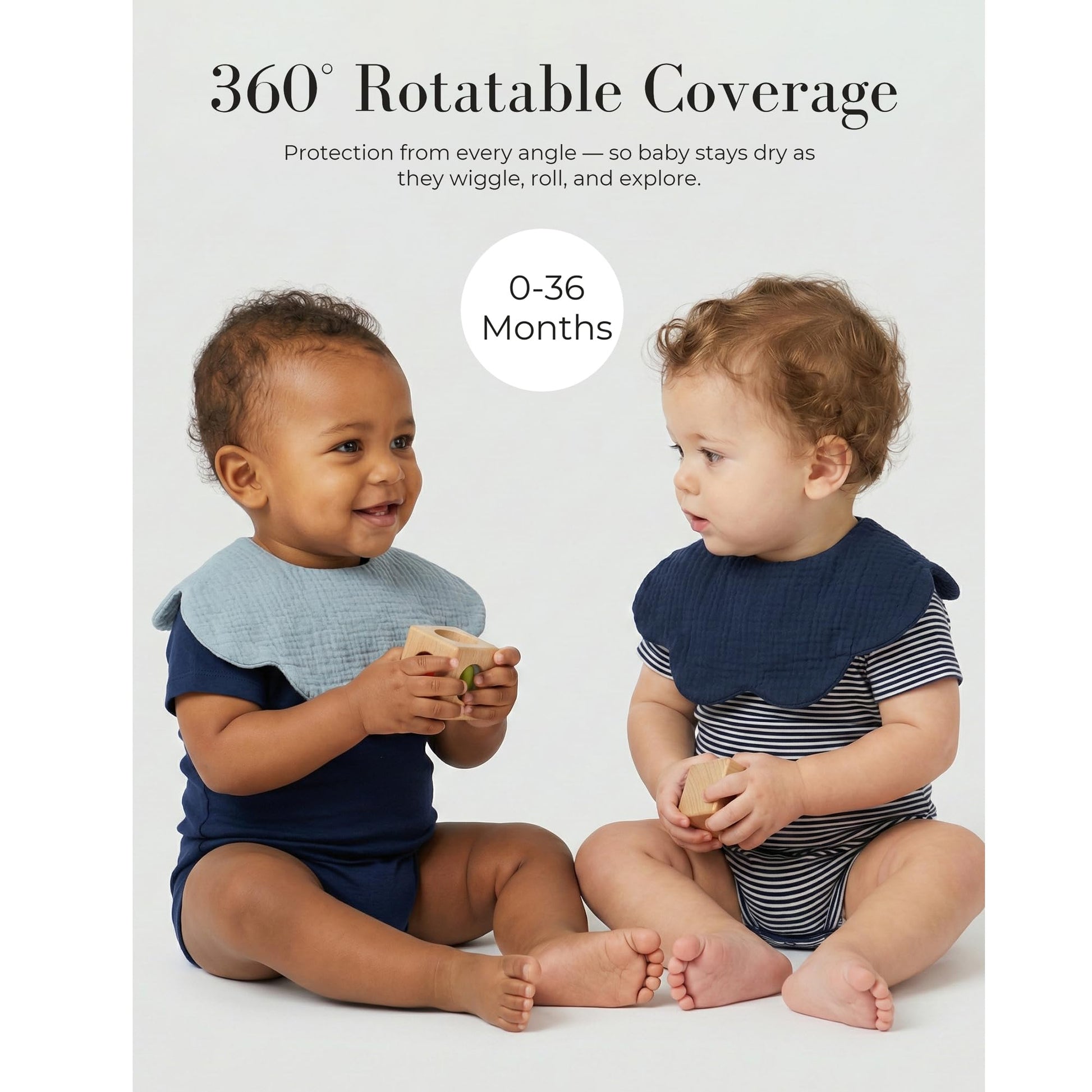 Mairmore baby bibs demonstrating 360 degree rotation feature