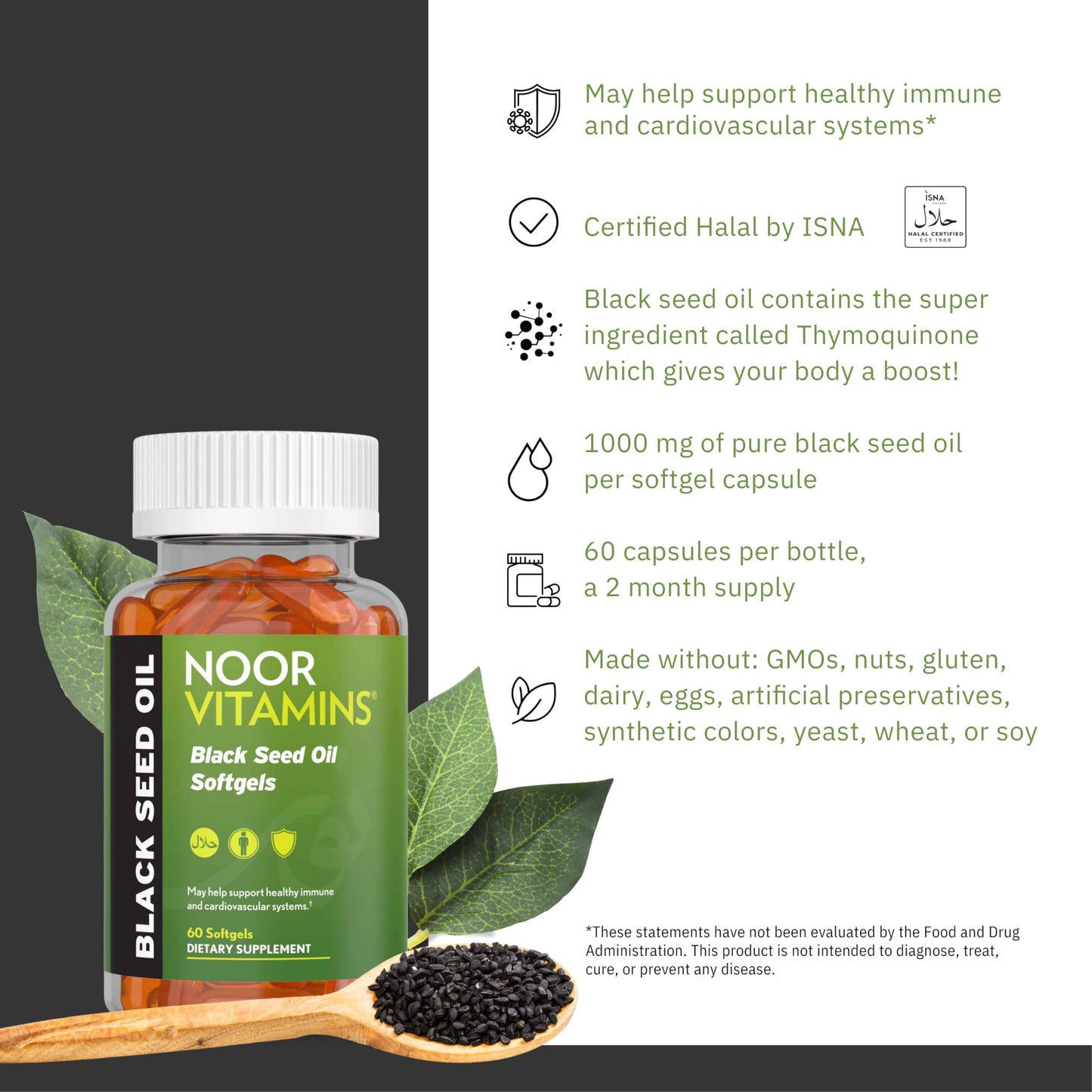 Premium USA imported black seed oil 60 softgels container showing green label details