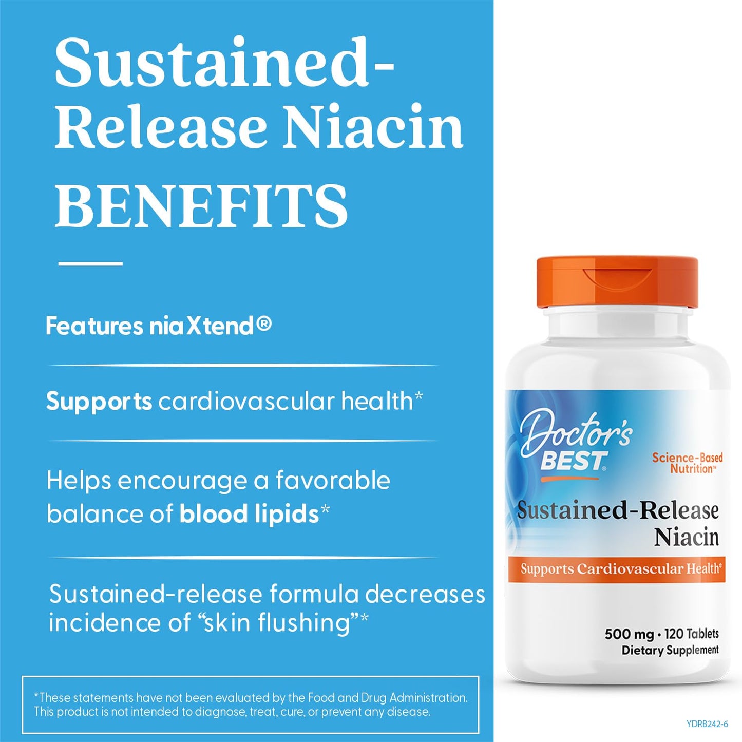 Doctor's Best non-GMO gluten free niacin 120 tablets orange cap packaging side view description.