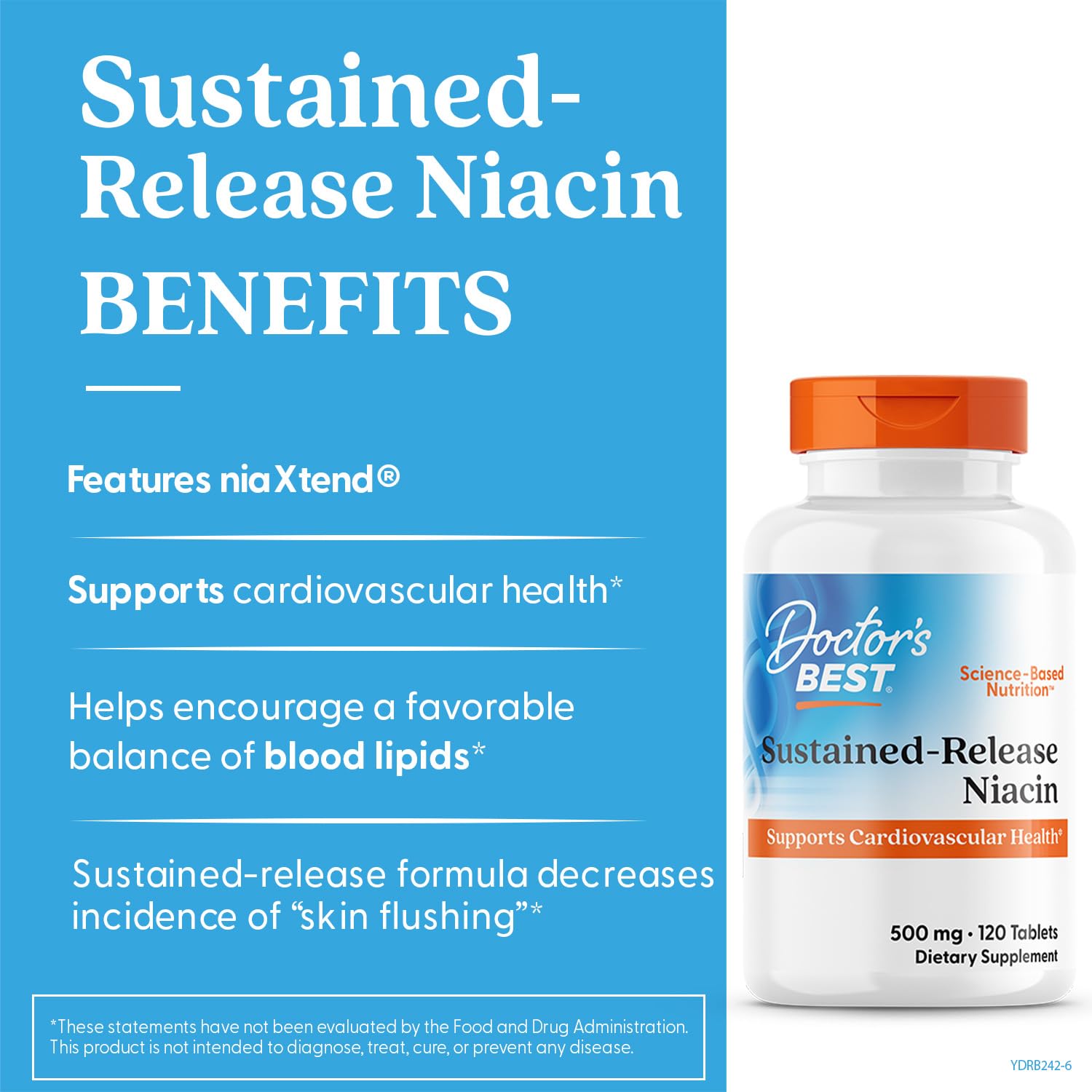 Doctor's Best non-GMO gluten free niacin 120 tablets orange cap packaging side view description.