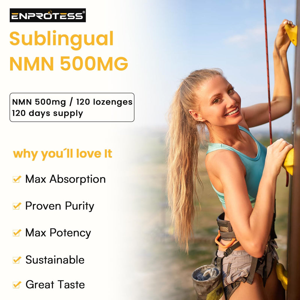 Enprotess NMN 120 count bottle next to unflavored lozenge