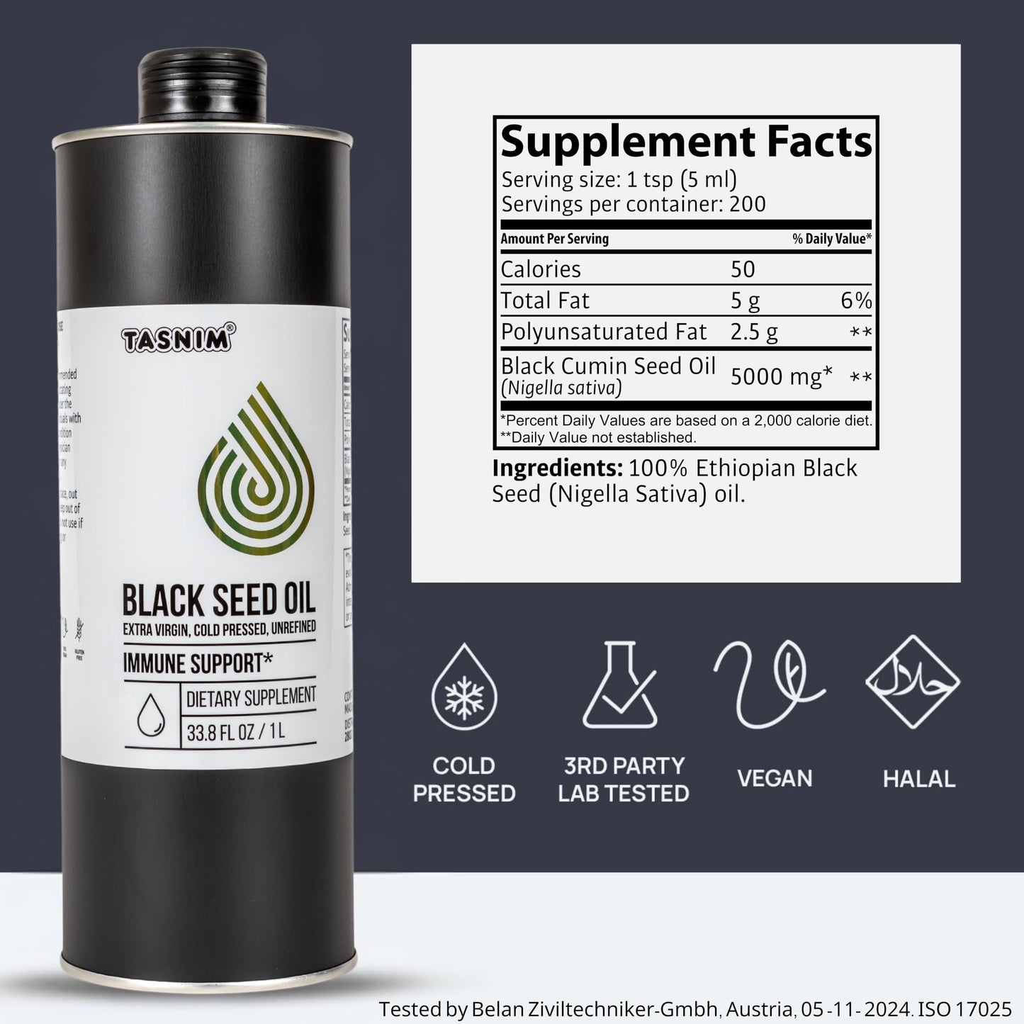 Tasnim cold pressed black seed oil 250ml bottle packaging for topical skin hydration