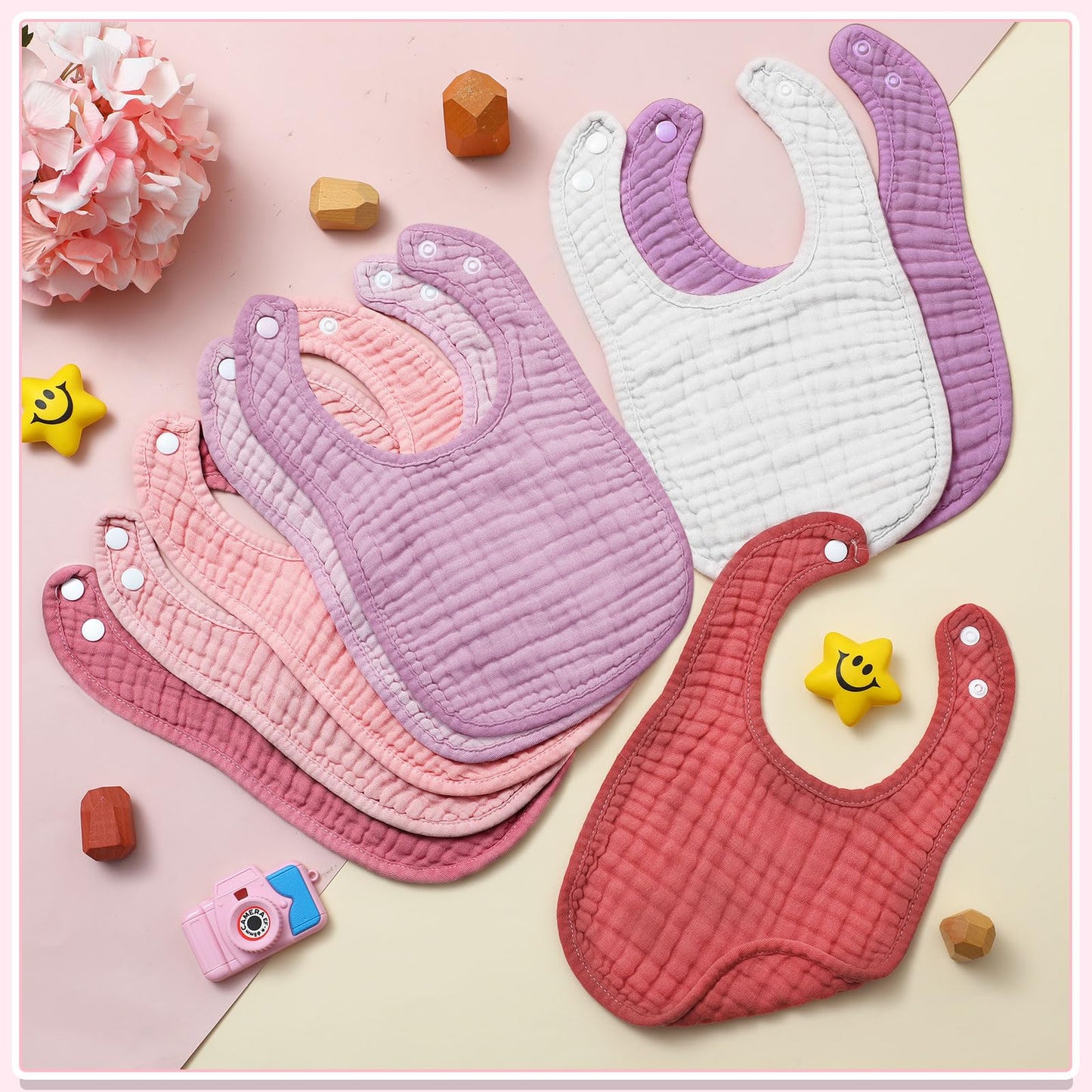 Set of 8 soft cotton muslin bibs assorted colors